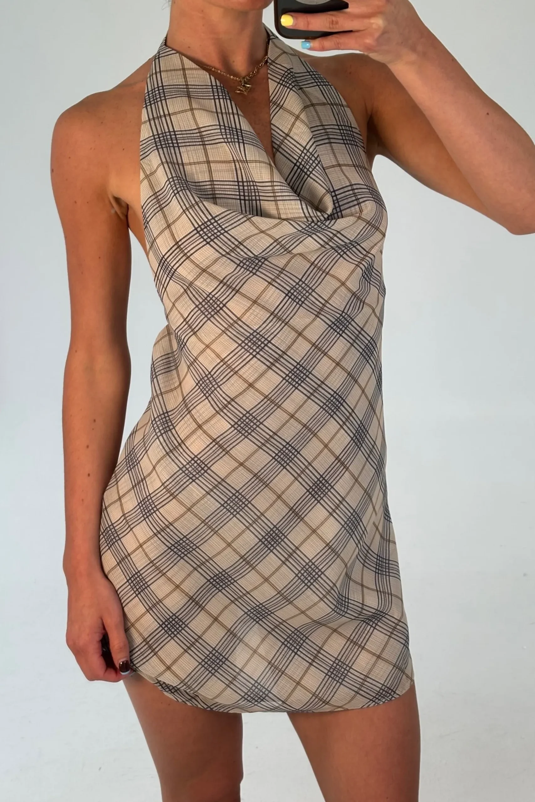 Banks Halter Mini Dress Beige Plaid