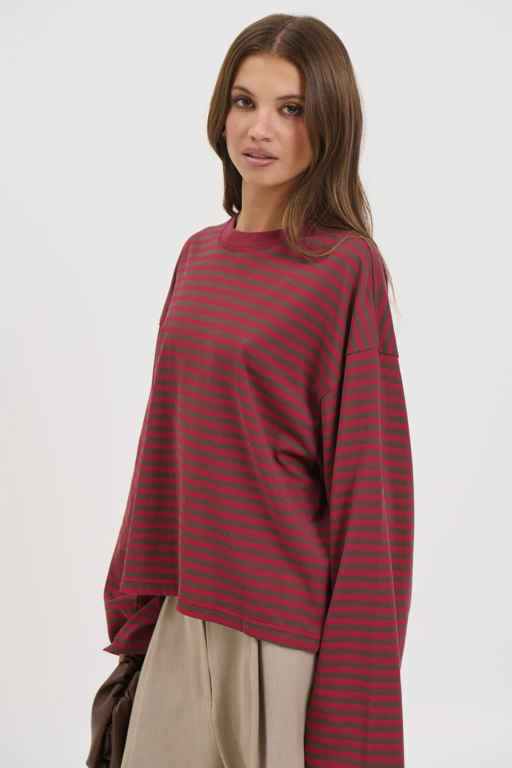Bloom Long Sleeve Chocolate Wine Stripe
