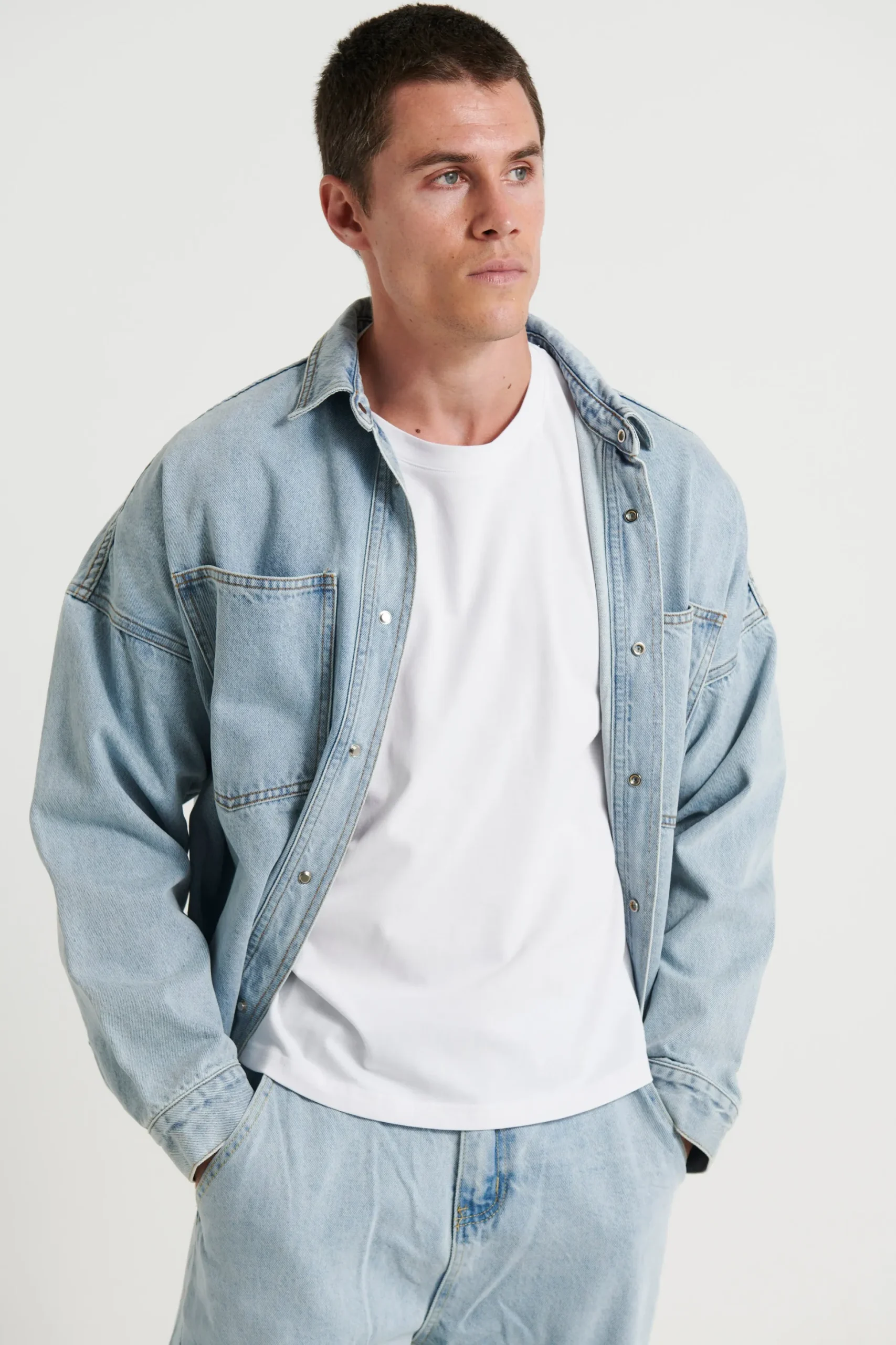 Drop Shoulder Denim Shirt Ocean