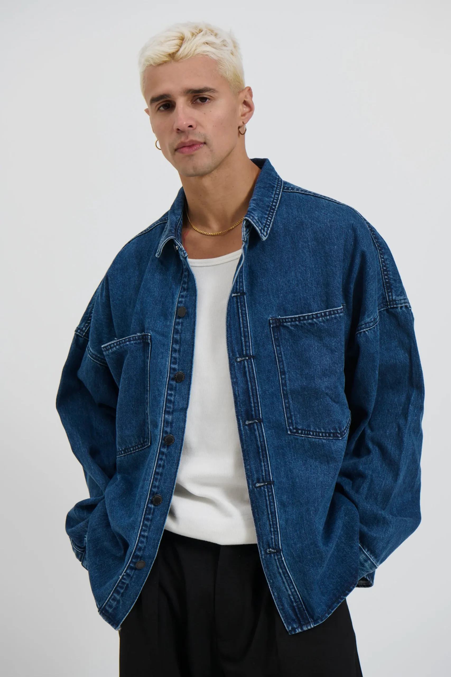 Drop Shoulder Denim Shirt Dark Blue