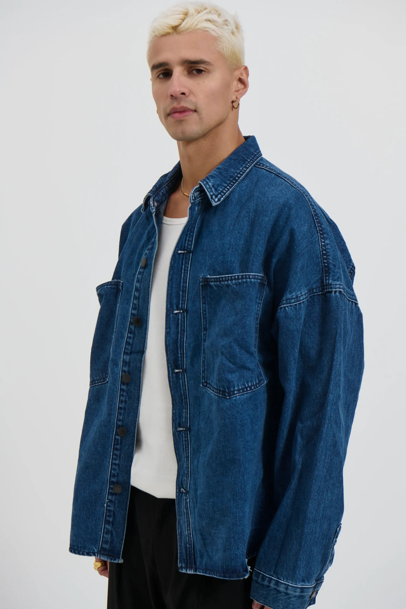 Drop Shoulder Denim Shirt Dark Blue