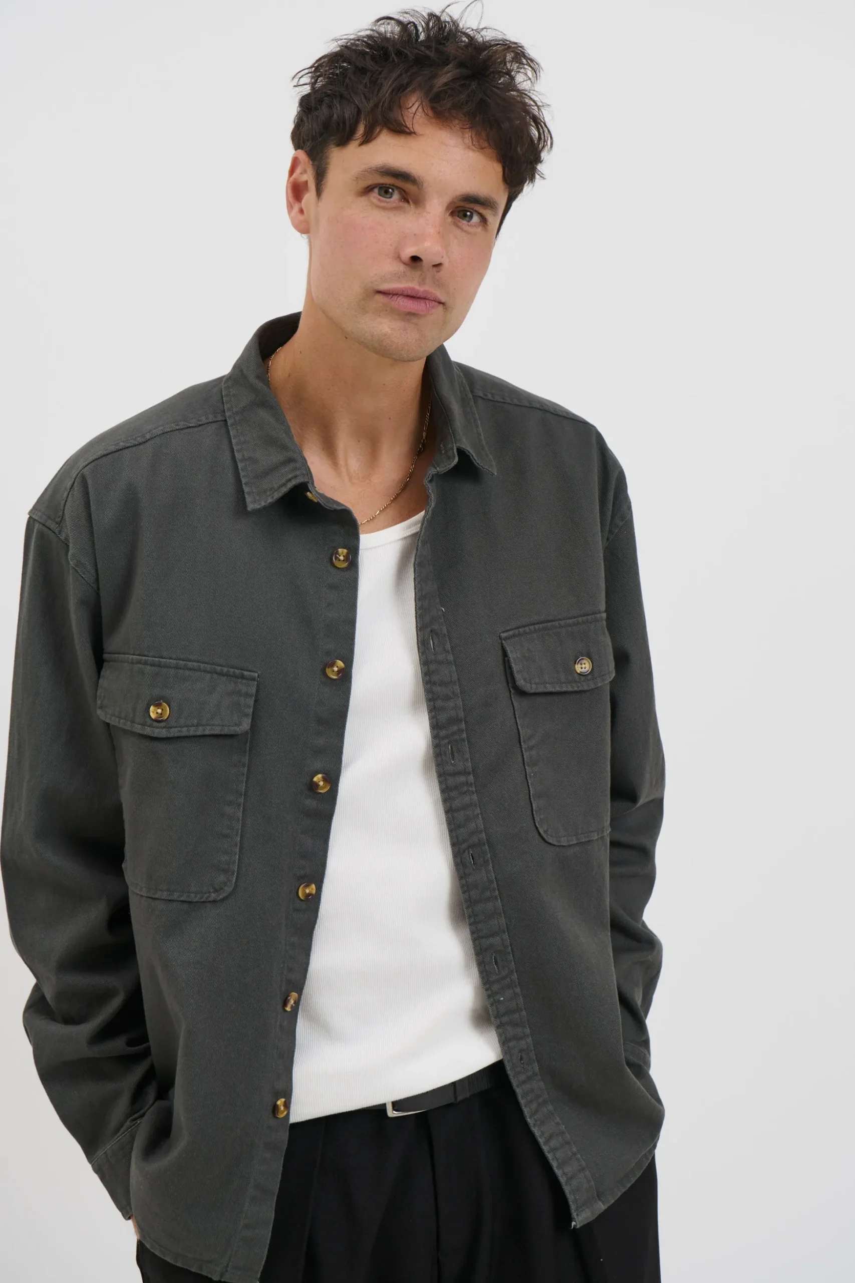 Mike Cotton Drill Shacket Charcoal