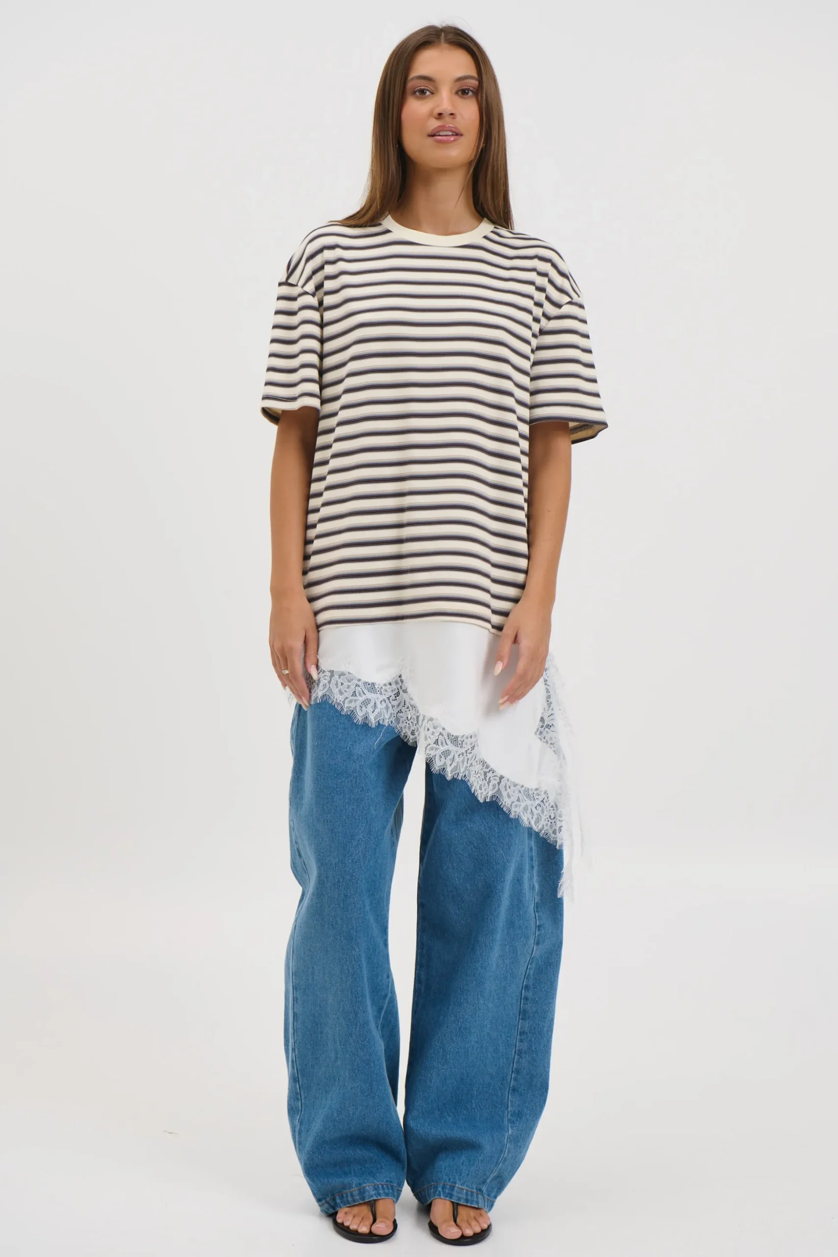 Miranda Lace Tee Cream Stripe