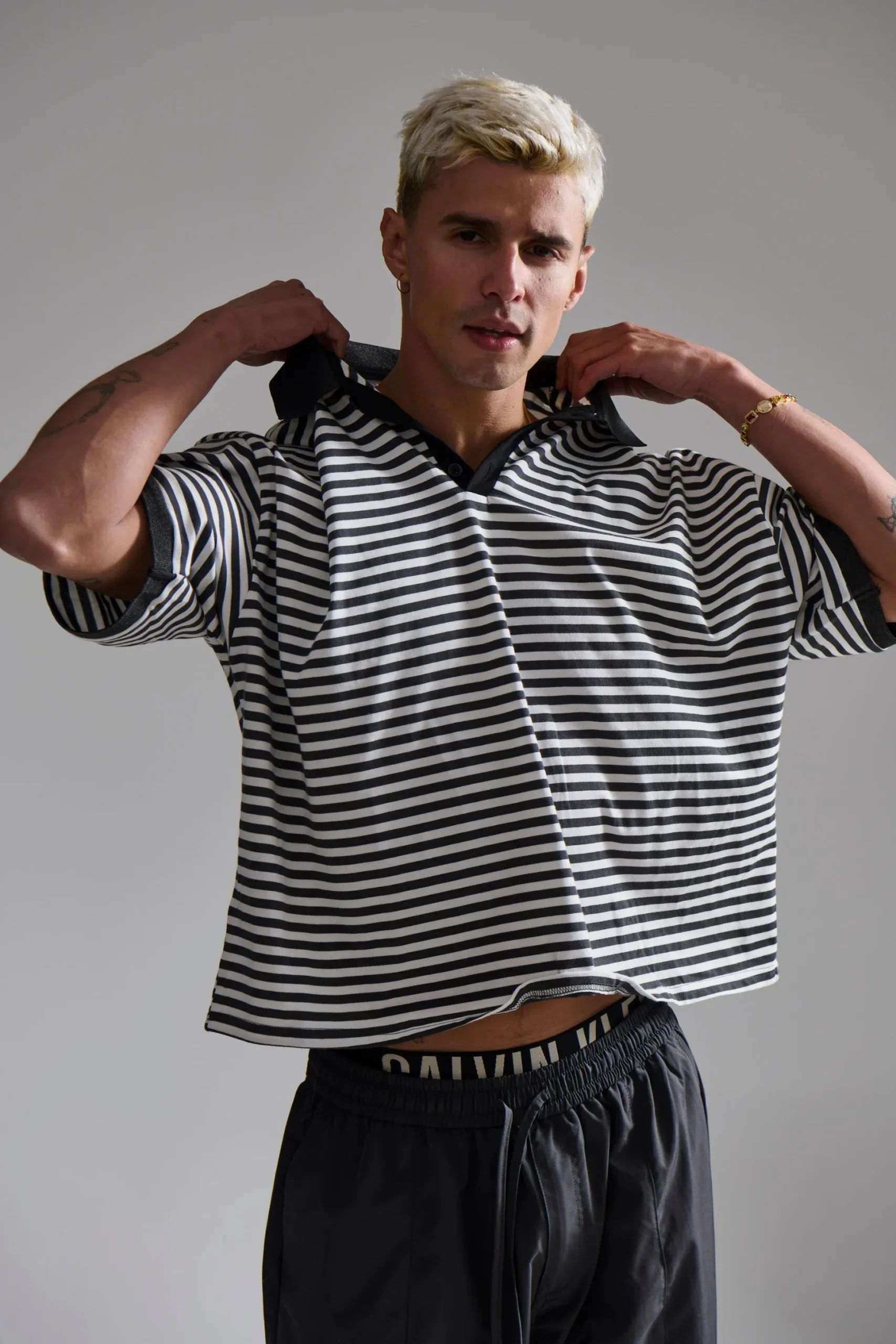 Stripe Ribbed Polo Black